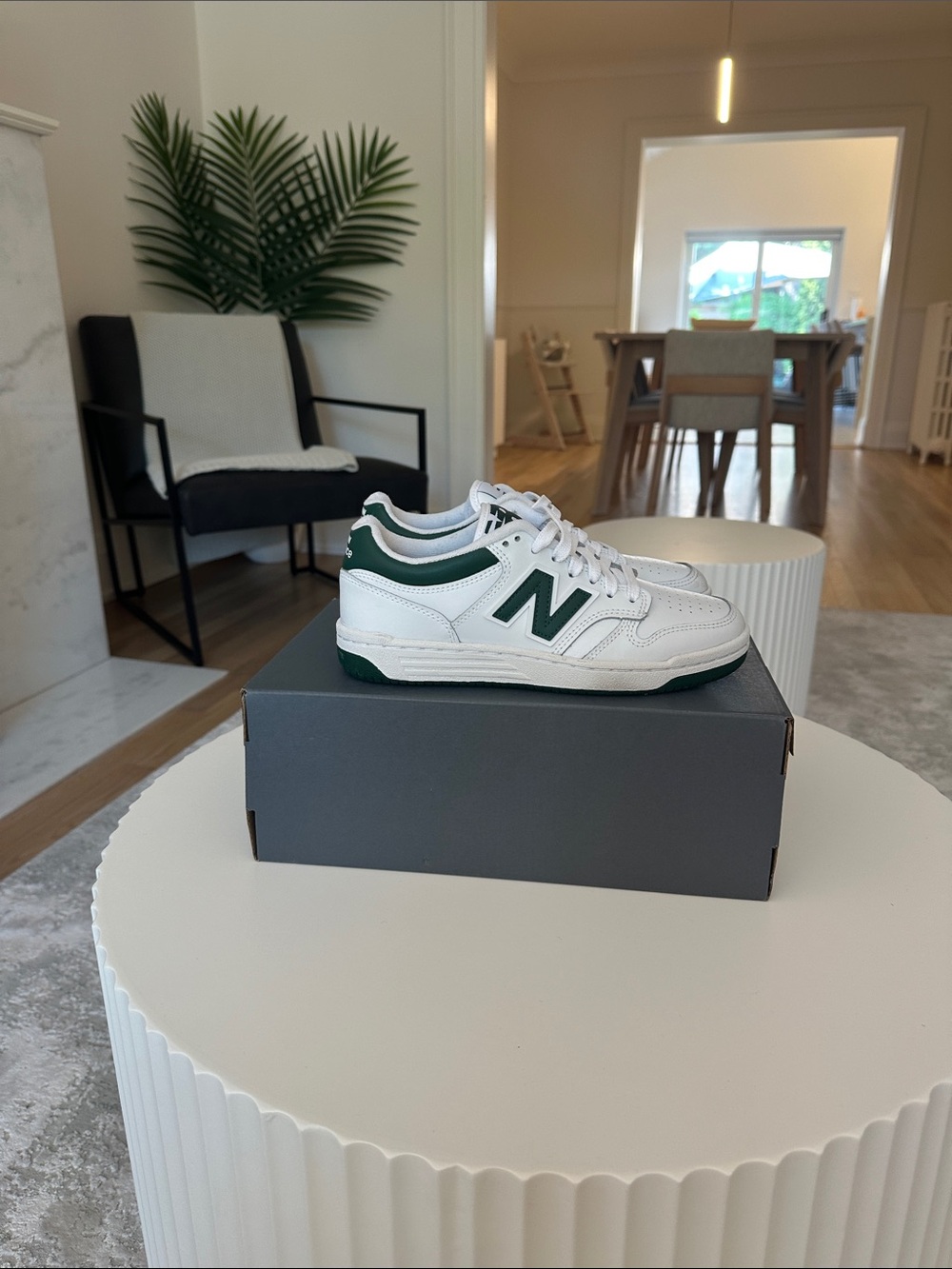 New Balance White and Green Low-Top Sneakers